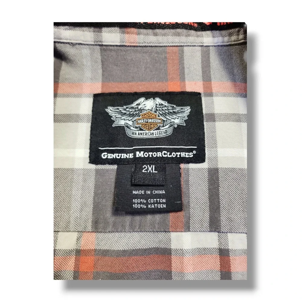 Harley Davidson Motorclothes Grey/Orange Plaid Button Down Long Sleeve Men's 2XL